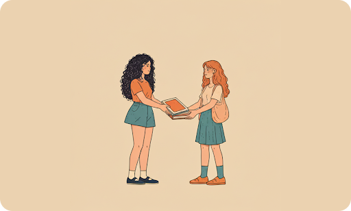 Two girls exchanging a book